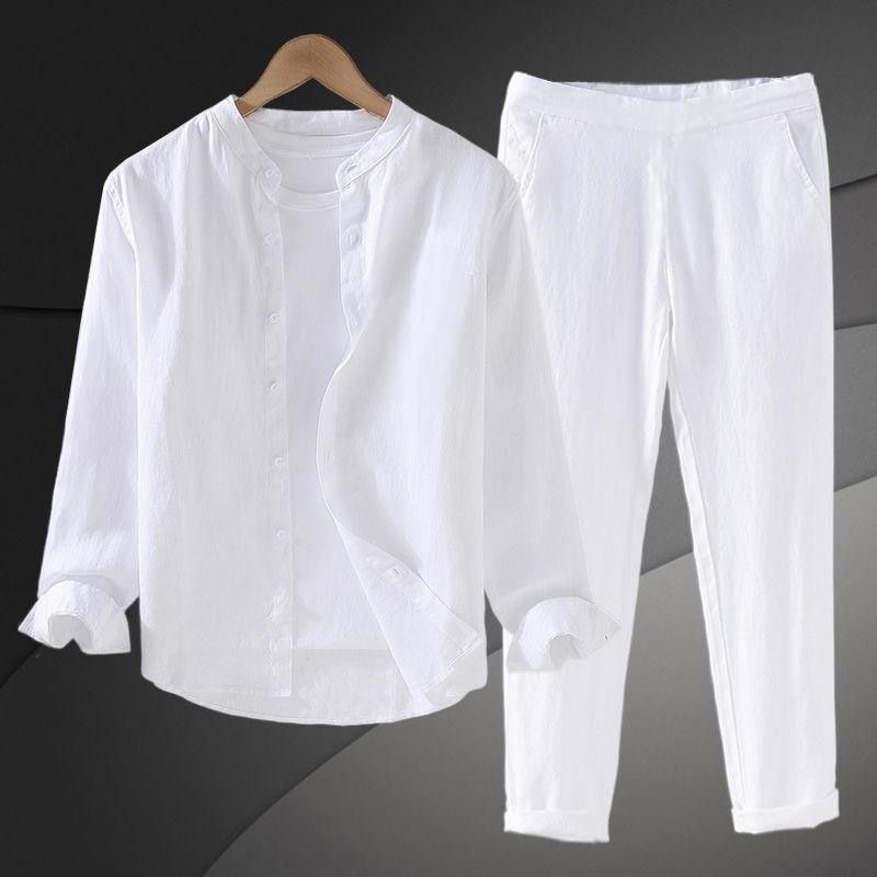 Mens Linen Shirt Long Sleeve - Conjunto de Camisa de Algodão e