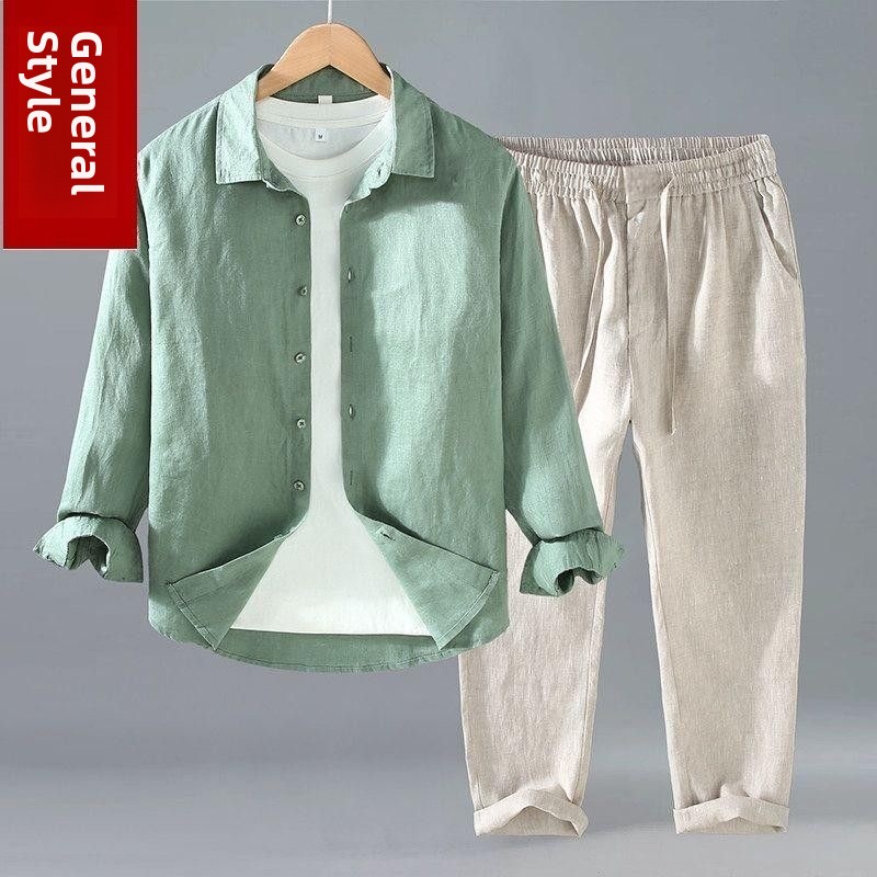 Mens Linen Shirt Long Sleeve - Conjunto de Camisa e Calça de