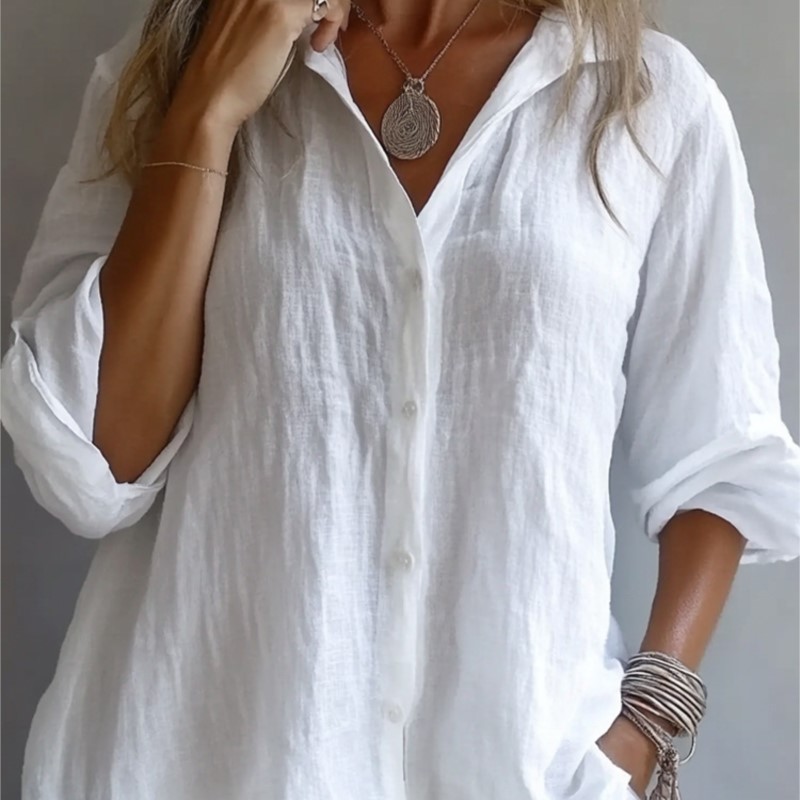 Mens Linen Shirt Long Sleeve - Cor sólida linho sexy com decote