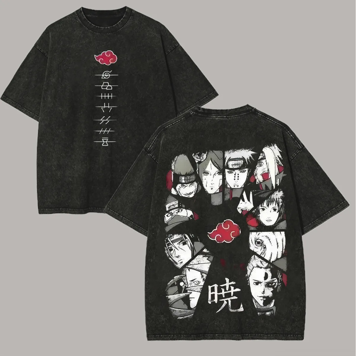 Acid Wash Vintage Graphic T Shirt - Camiseta Akatsuki Naruto Masculina com Estampa