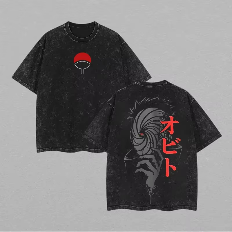 Acid Wash Vintage Graphic T Shirt - Camiseta Naruto Obito Uchiha com Estampa