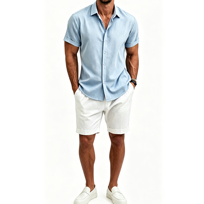 Mens Linen Shirt Long Sleeve - Conjunto de camisa e shorts de