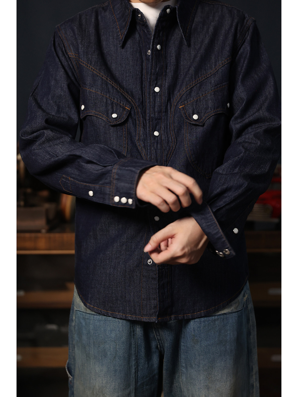 Camisa Cowboy Western Simples, - Mens Western Denim Pearl Snap Shirt avaliação e preço