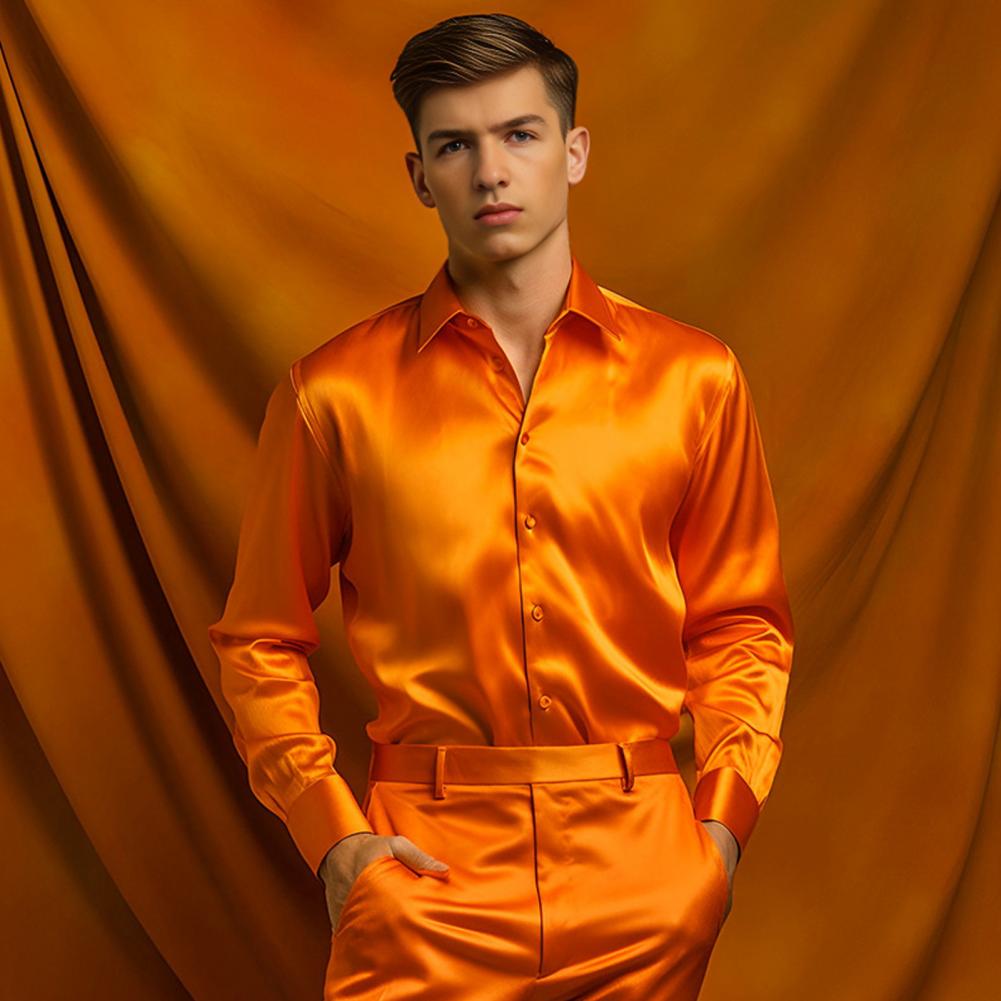 Camisa de Seda Satinada Azul,  - Mens Satin Silk Dress Shirt avaliação e preço