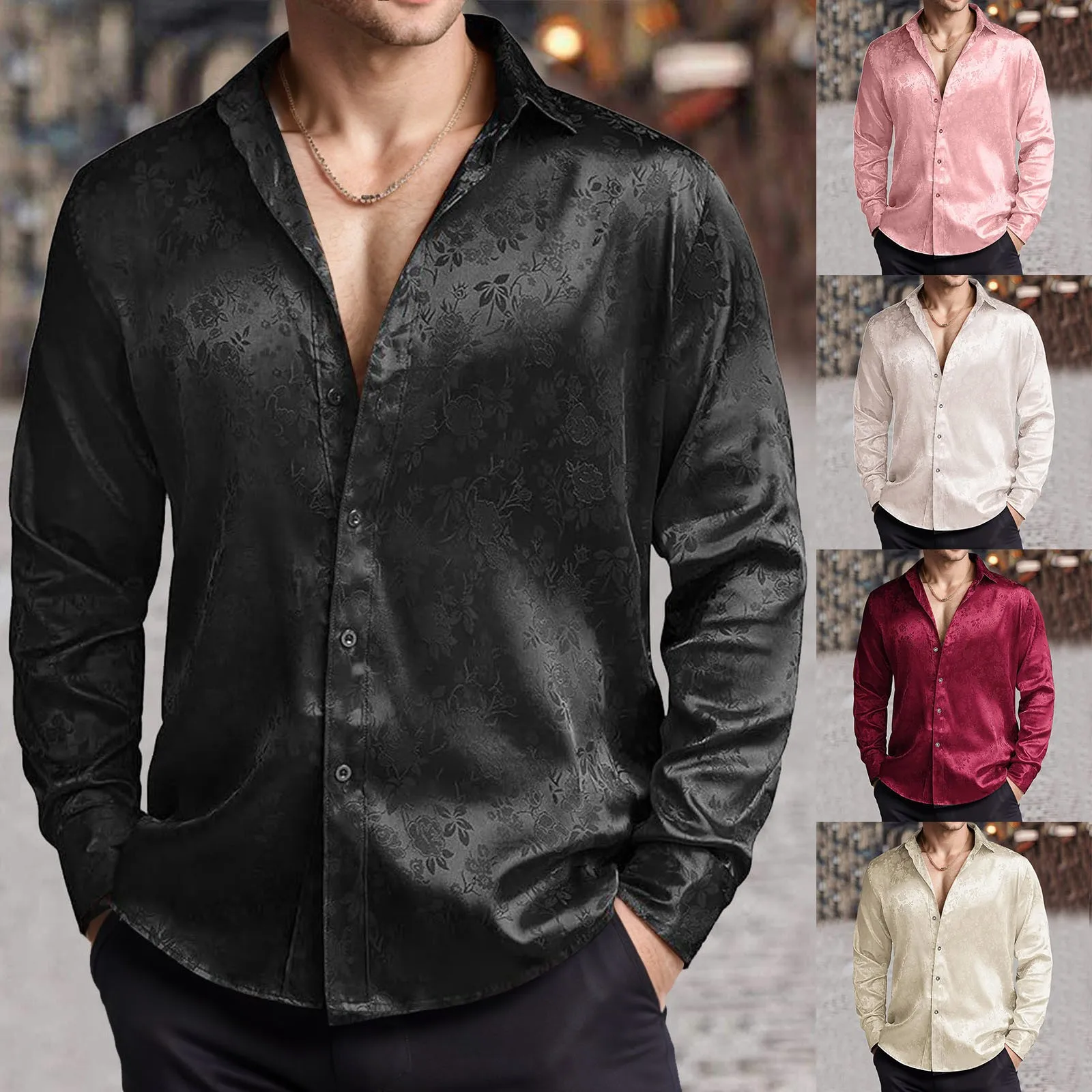 Camisa masculina imitação de c - Mens Satin Silk Dress Shirt avaliação e preço