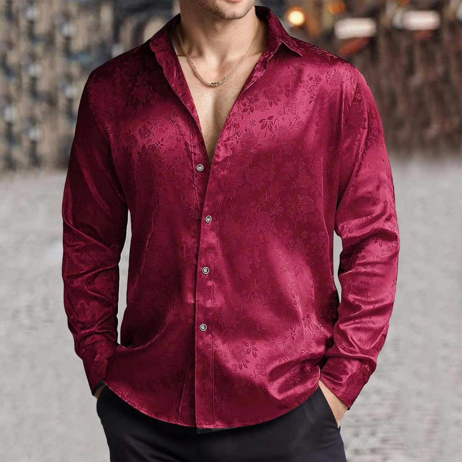 Camisa masculina imitação de c - Mens Satin Silk Dress Shirt avaliação e preço