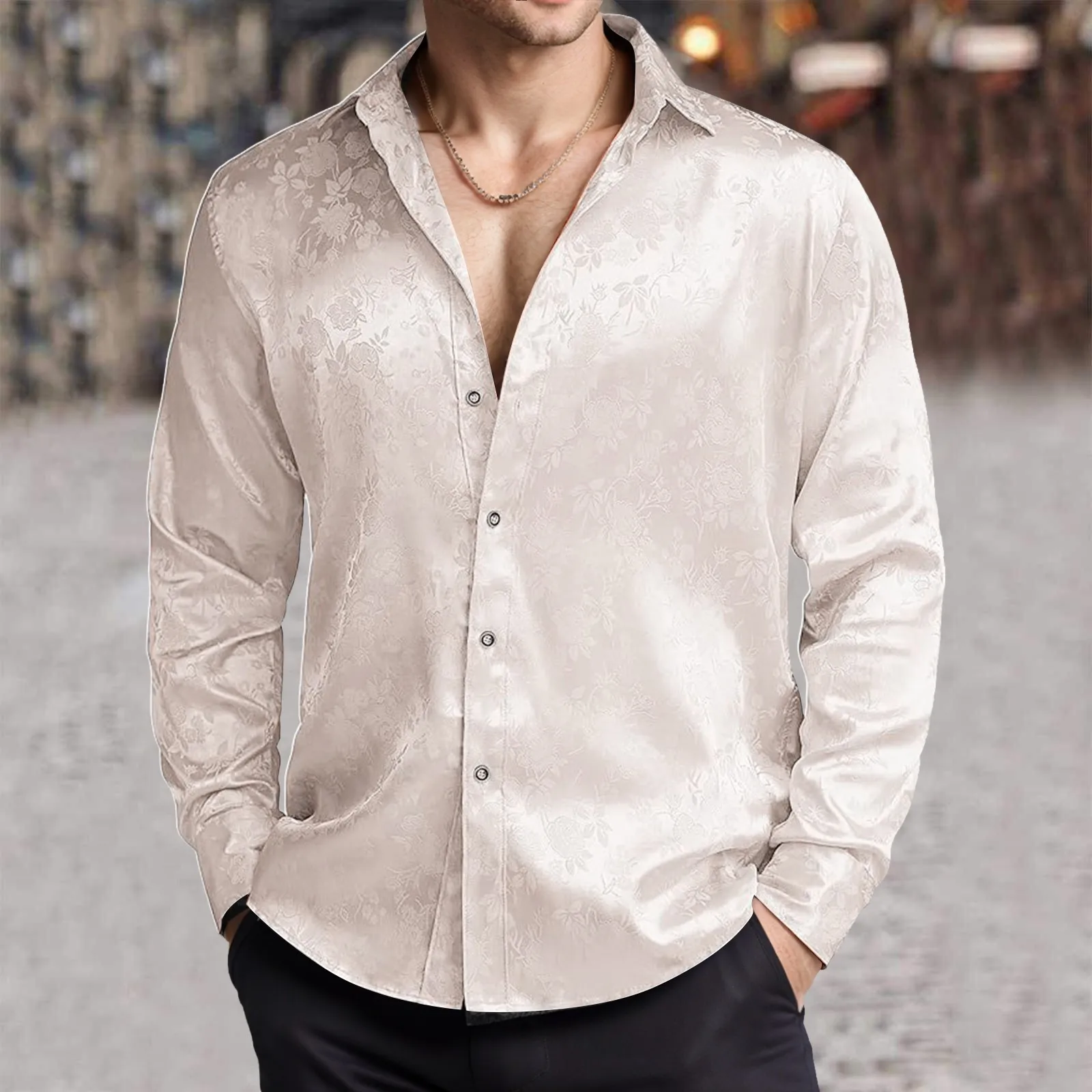 Camisa masculina imitação de c - Mens Satin Silk Dress Shirt avaliação e preço