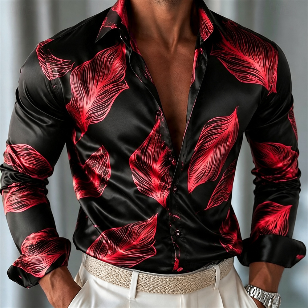 Camisa de Cetim com Estampa de - Mens Satin Silk Dress Shirt avaliação e preço