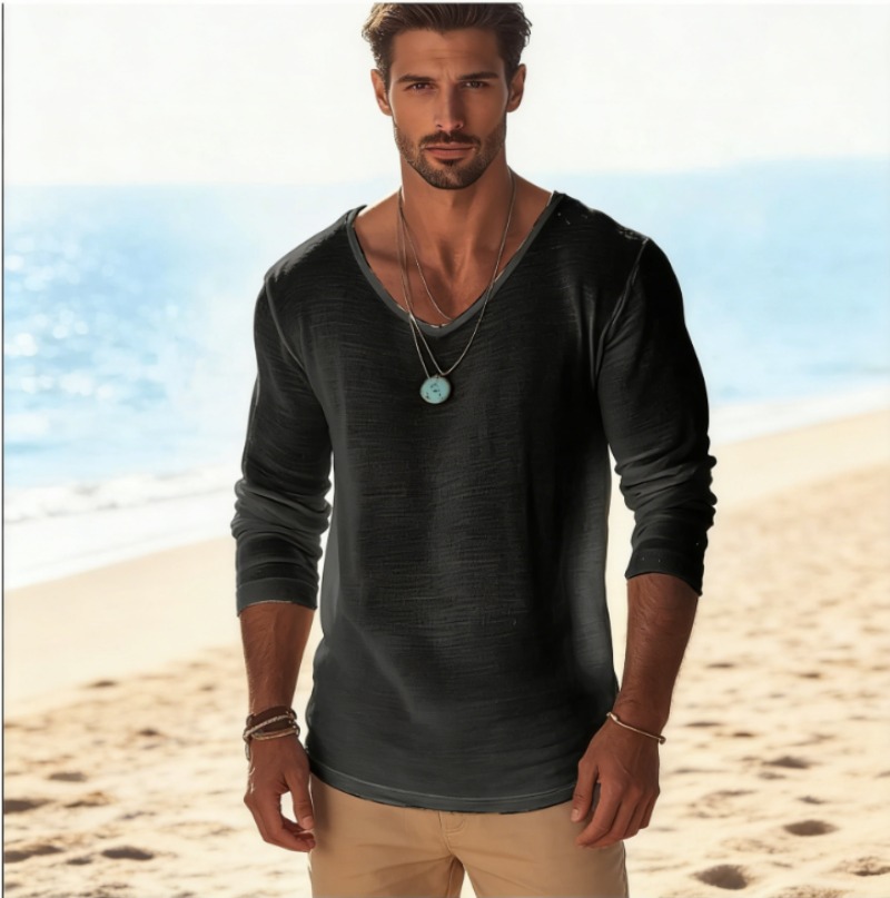 Camiseta Masculina Casual de L - Mens Linen Shirt Long Sleeve avaliação e preço