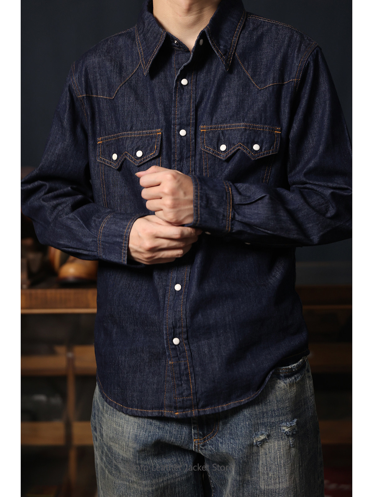 Camisa Jeans Ocidental America - Mens Western Denim Pearl Snap Shirt avaliação e preço