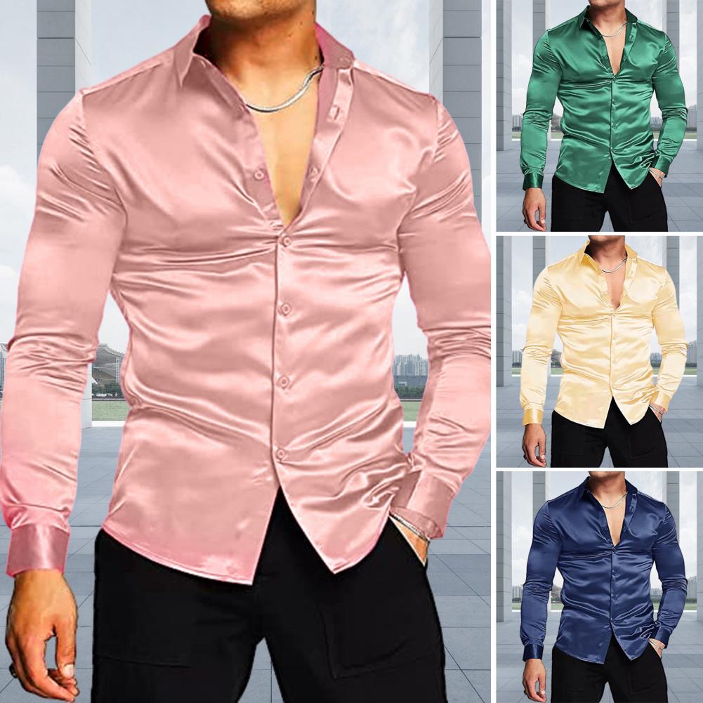 Camisa Masculina Elegante de C - Mens Satin Silk Dress Shirt avaliação e preço
